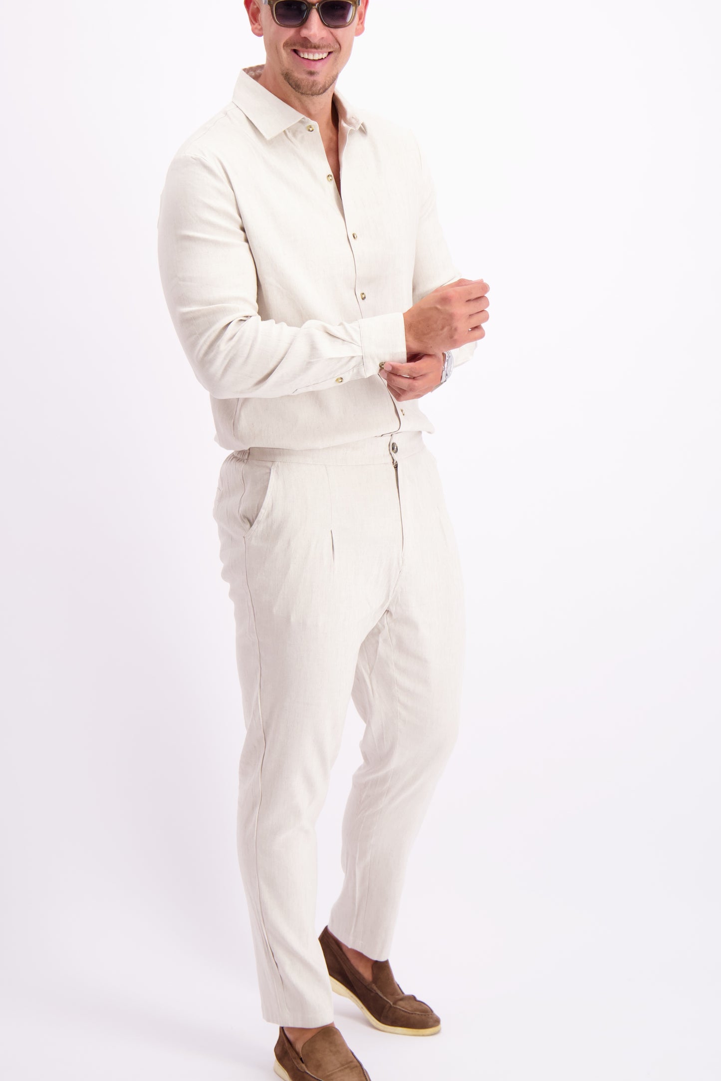 Les Brutes linen shirt pantalon linen trouser oatmeal white linnen overhemd broek wit creme beige linnen set