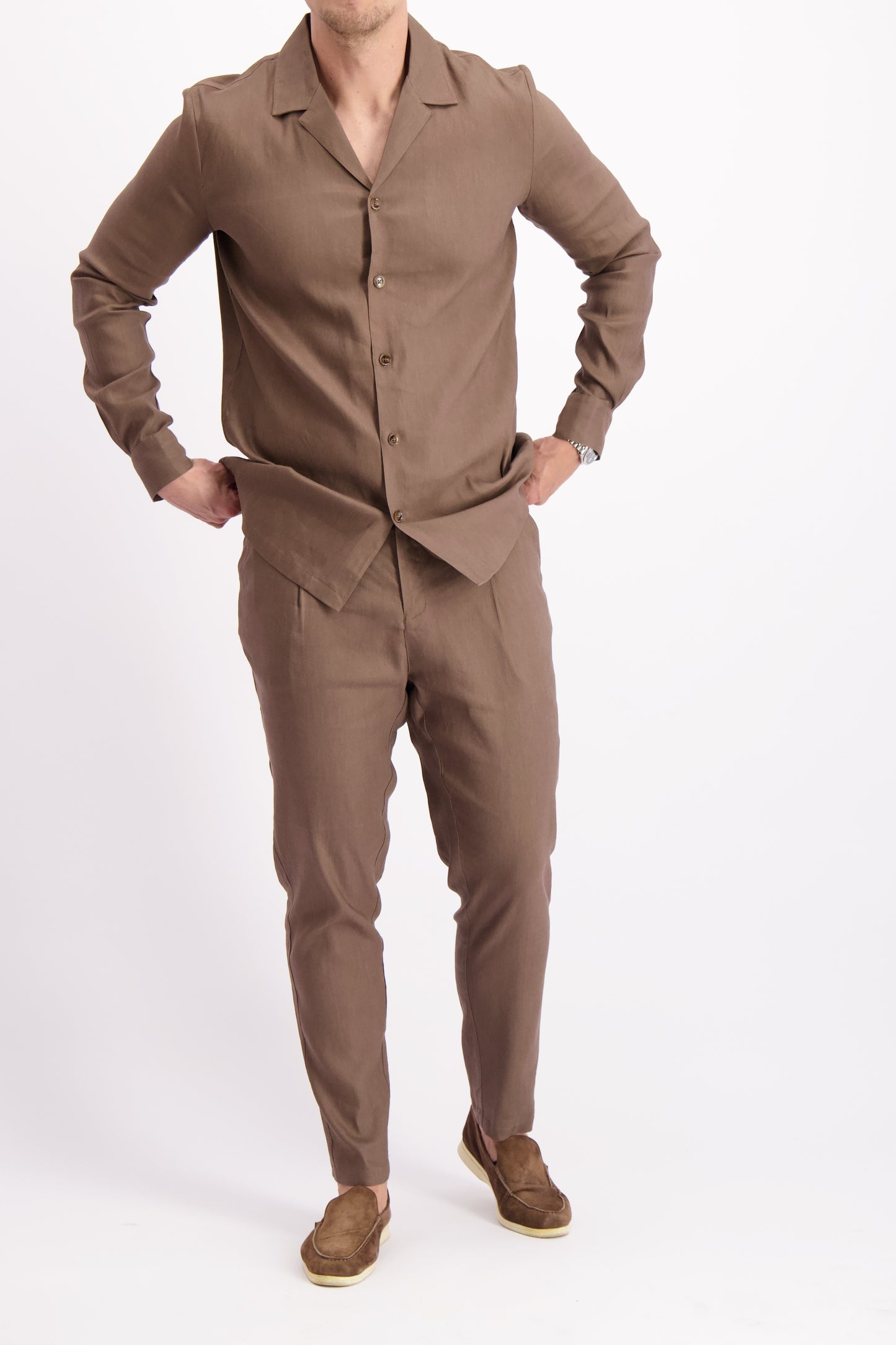 Linen set Cuban shirt Mocha heren linnen overhemd Les Brutes