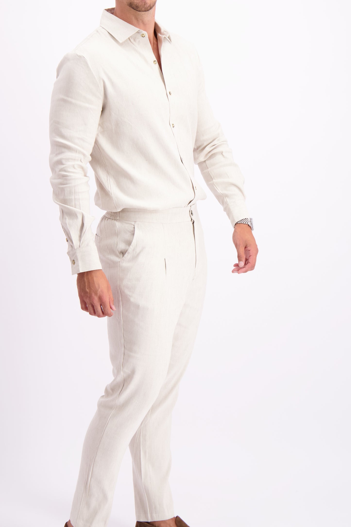 Les Brutes linen pantalon linen trouser oatmeal white linnen broek wit creme beige