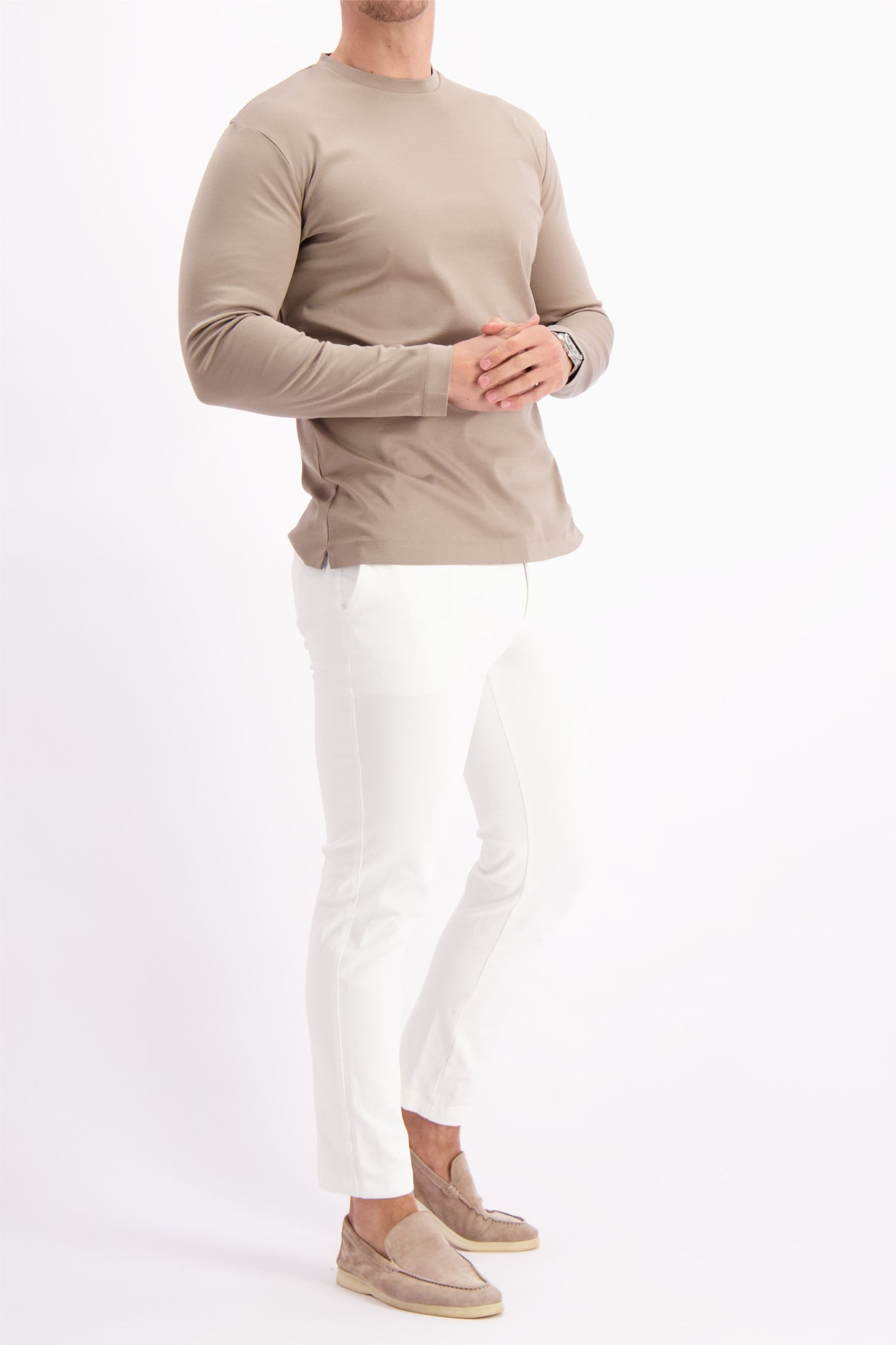 Les Brutes t-shirt longsleeve taupe tshirt lange mouw taupe mercerised