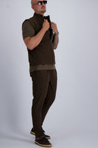 Les Brutes Tech set in dark brown. Matching luxury Tech trousers and bodywarmer.