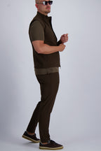 Les Brutes Tech set in dark brown. Matching luxury Tech trousers and bodywarmer.