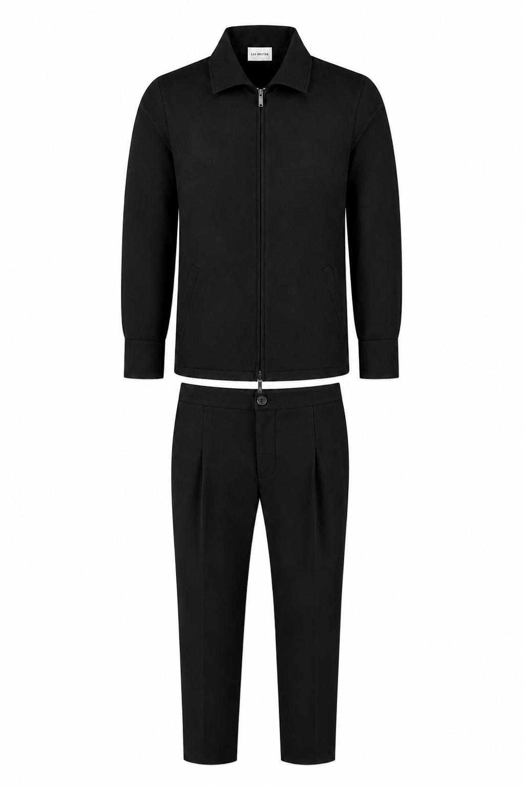 Les Brutes matching tech suit. A overshirt and matching trousers in dark brown. Premium quality, crafted with luxury technical fabrics. 