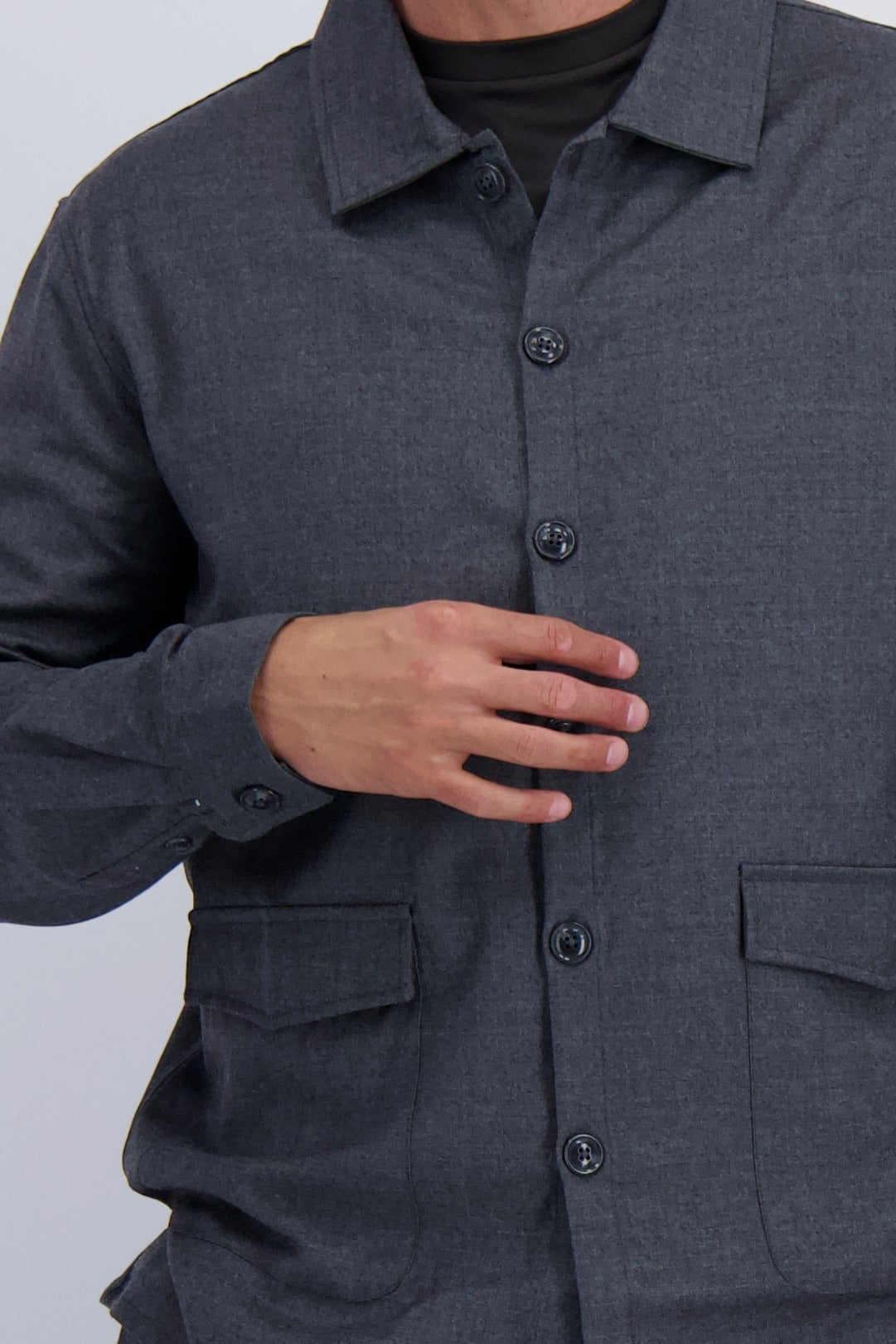 Wool tech fabric premium quality overshirt. Luxury overshirt in dark grey for men with timeless design