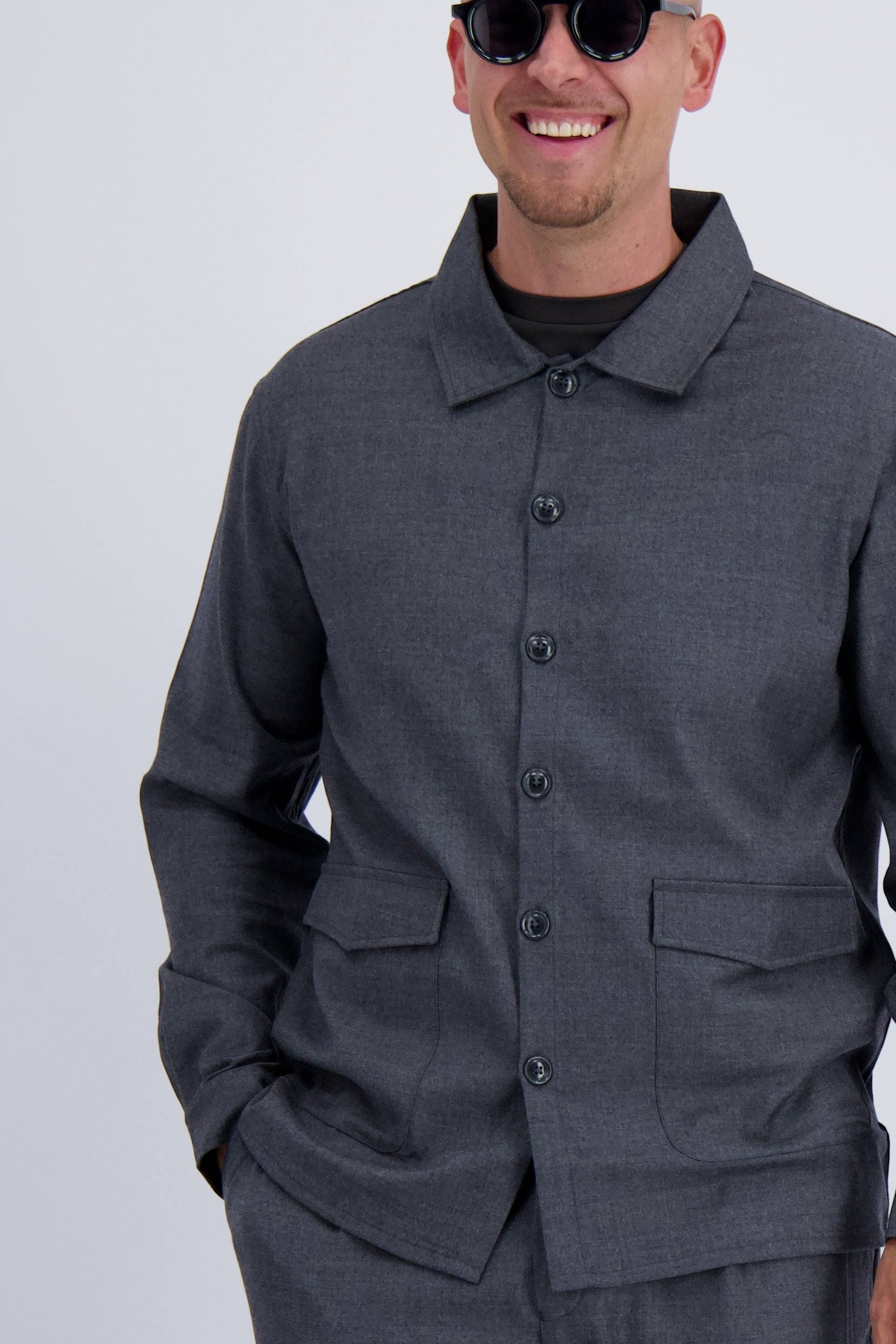 Wool tech fabric premium quality overshirt. Luxury overshirt in dark grey for men with timeless design