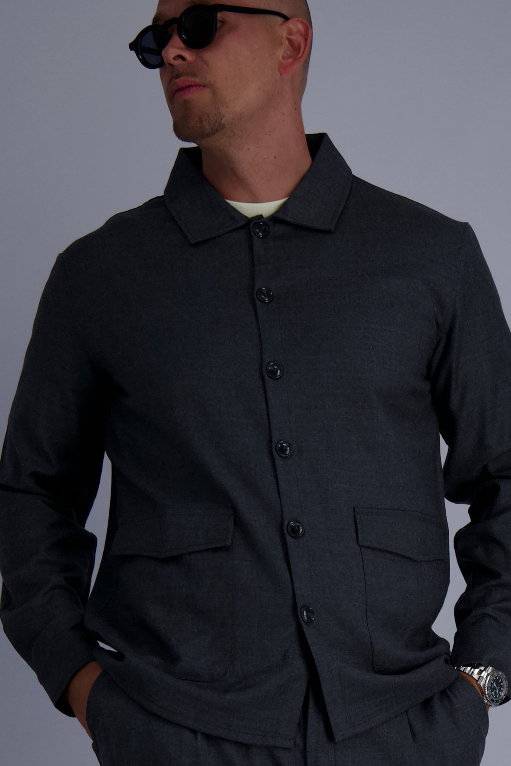 Wool tech fabric premium quality overshirt. Luxury overshirt in dark grey for men with timeless design