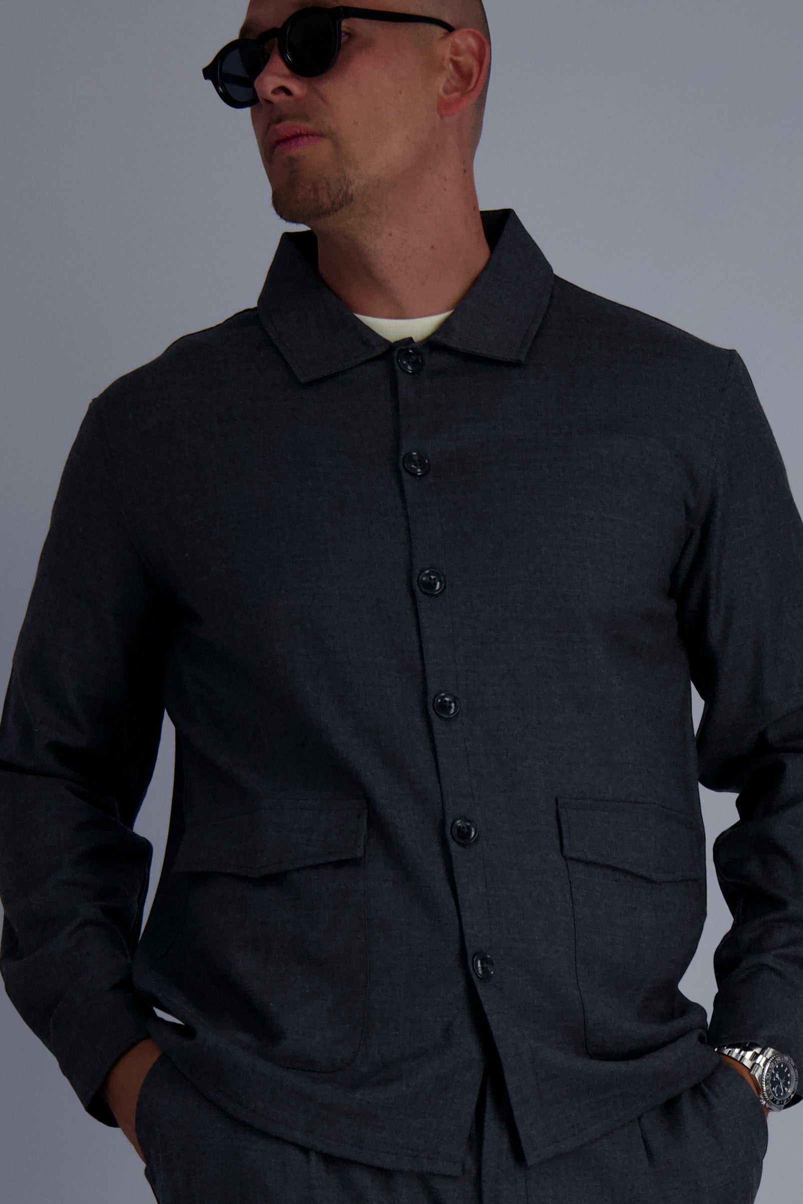 Wool tech fabric premium quality overshirt. Luxury overshirt in dark grey for men with timeless design