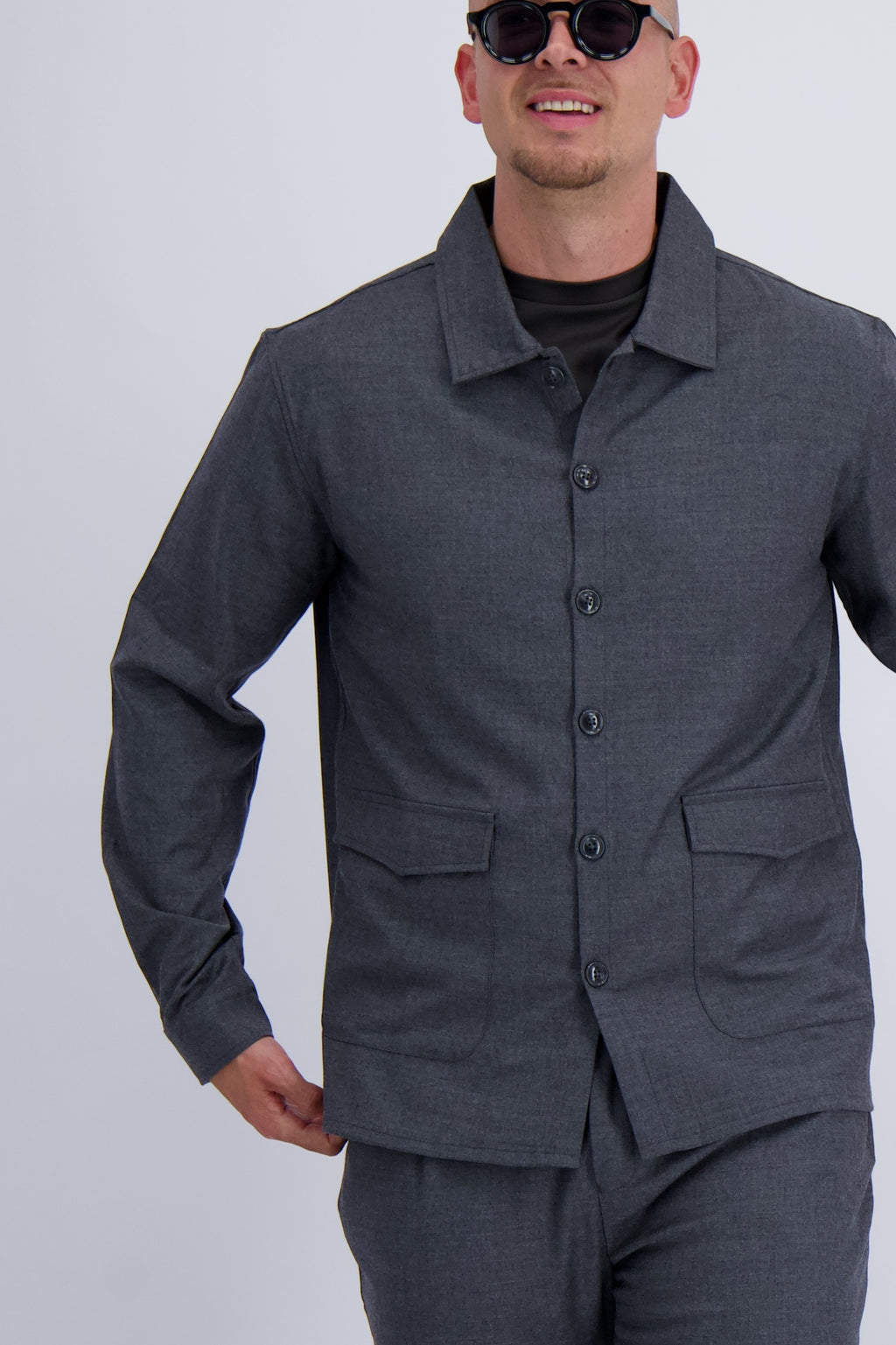 Wool tech fabric premium quality overshirt. Luxury overshirt in dark grey for men with timeless design