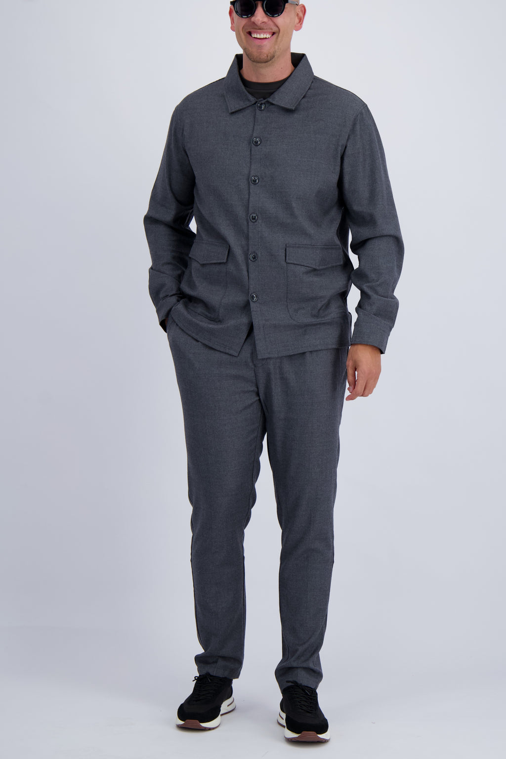 Wool tech fabric premium quality overshirt. Luxury overshirt in dark grey for men with timeless design