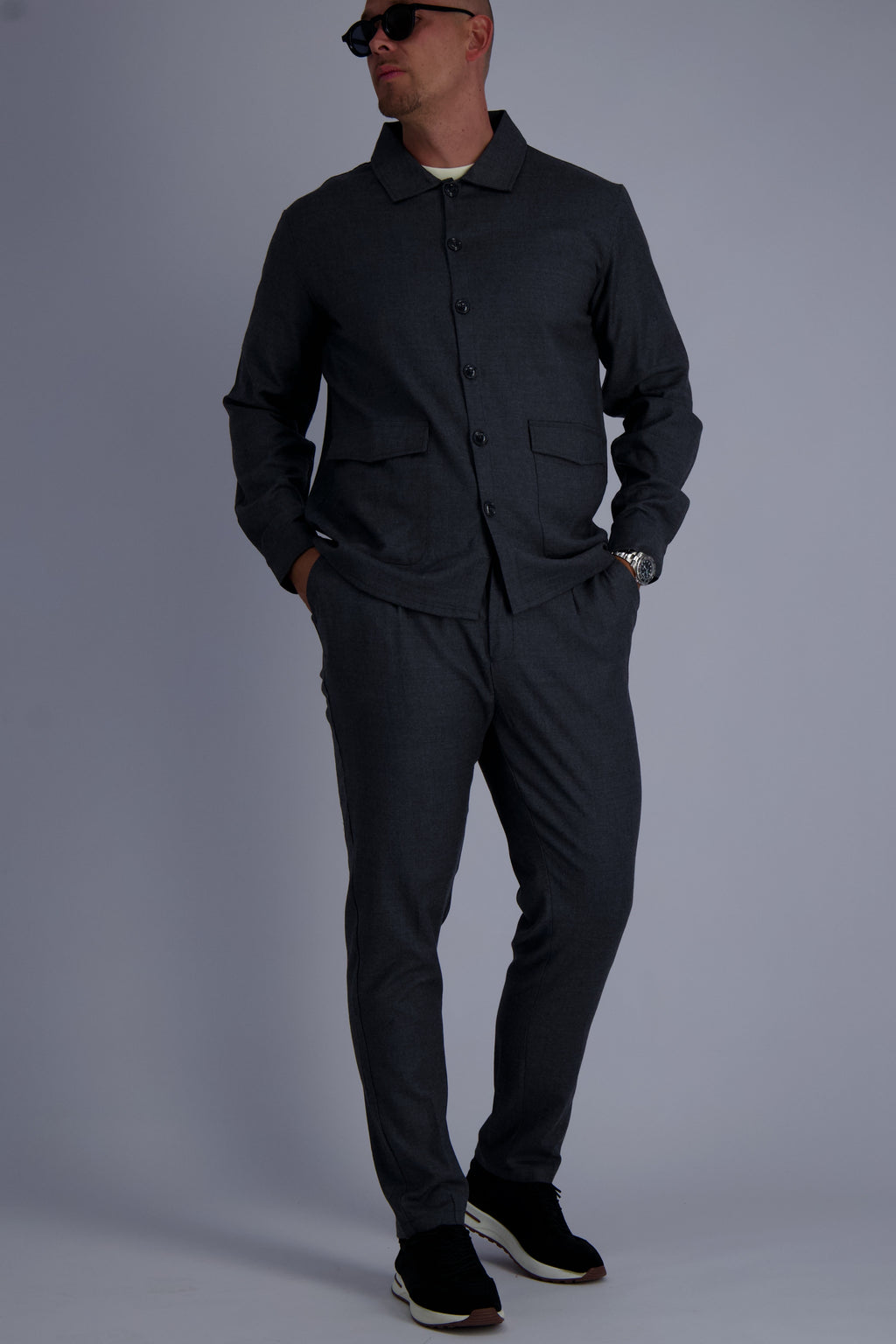 Wool tech fabric premium quality overshirt. Luxury overshirt in dark grey for men with timeless design