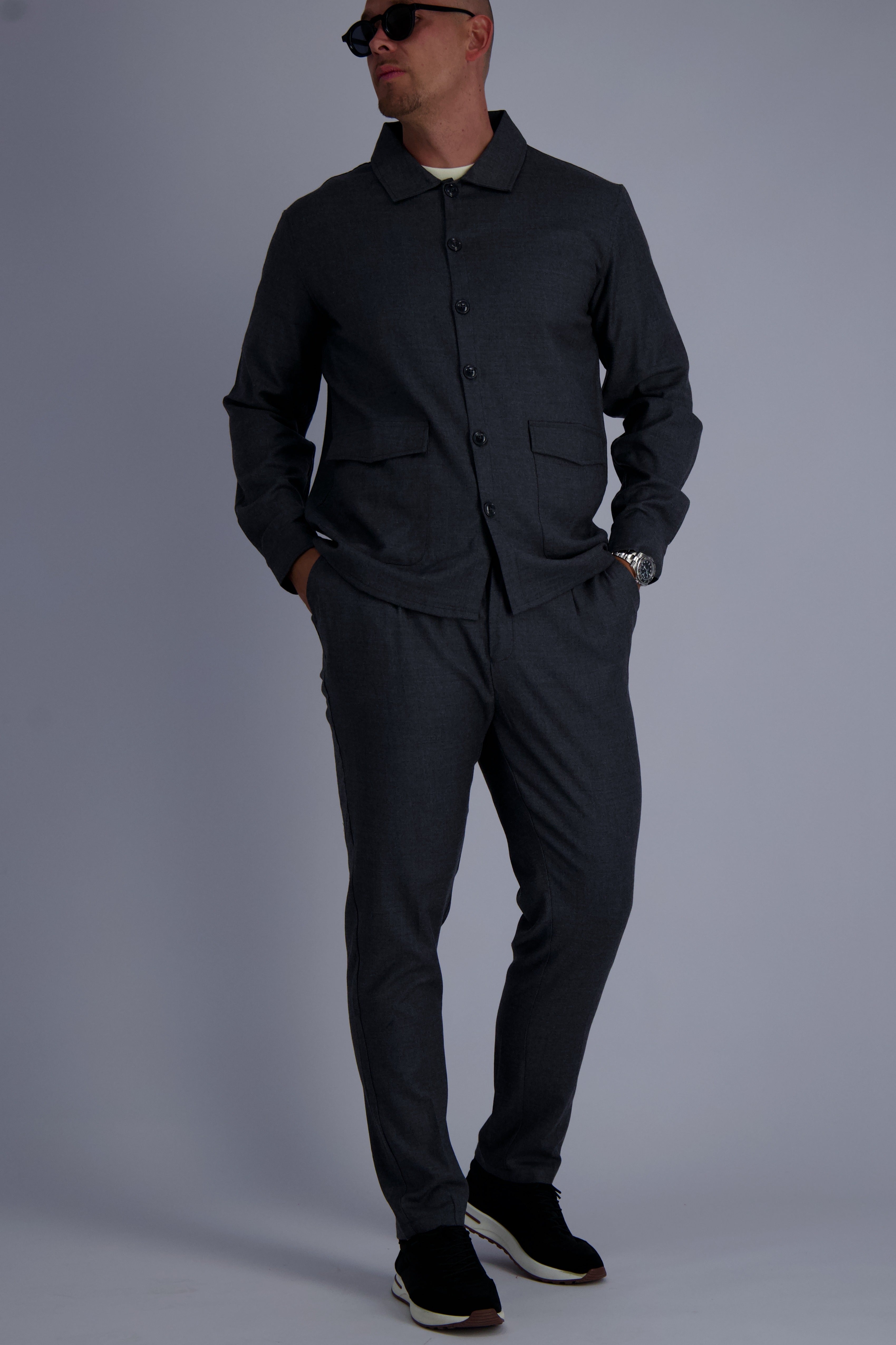 Wool tech fabric premium quality overshirt. Luxury overshirt in dark grey for men with timeless design