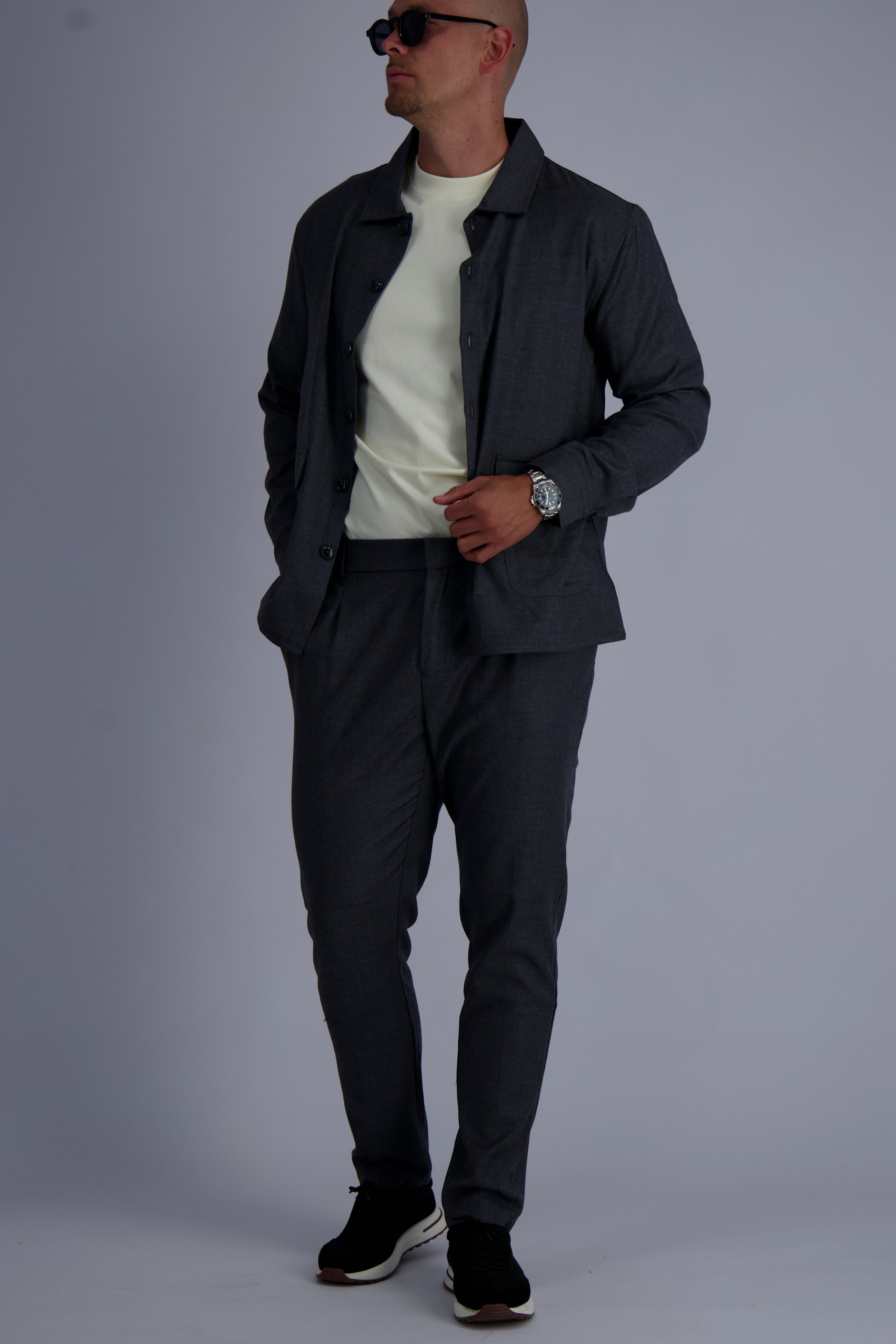 Wool tech fabric premium quality overshirt. Luxury overshirt in dark grey for men with timeless design