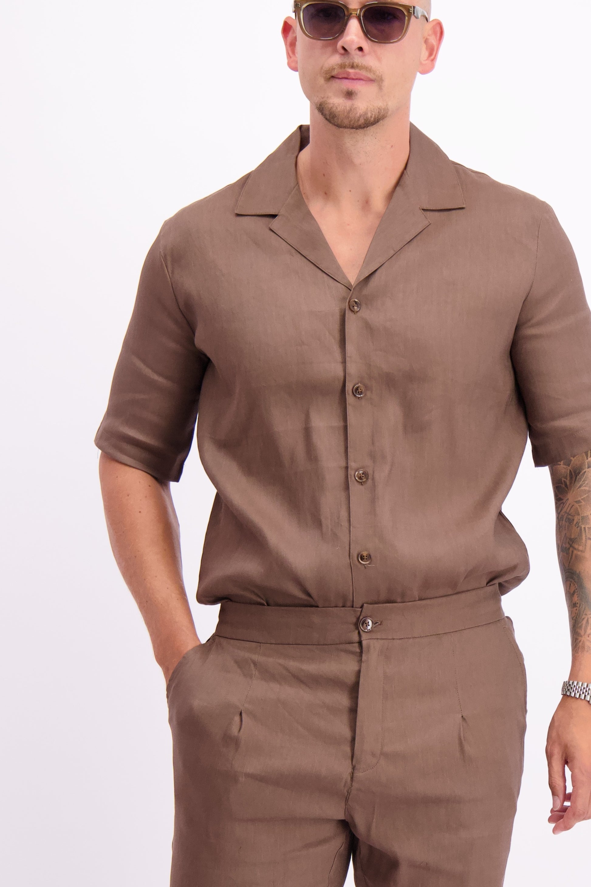 Linen shirt summer short sleeve linnen overhemd korte mouw linnen setje zomer bruin 