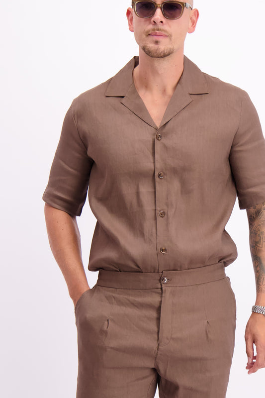 Linen shirt summer short sleeve linnen overhemd korte mouw linnen setje zomer bruin 