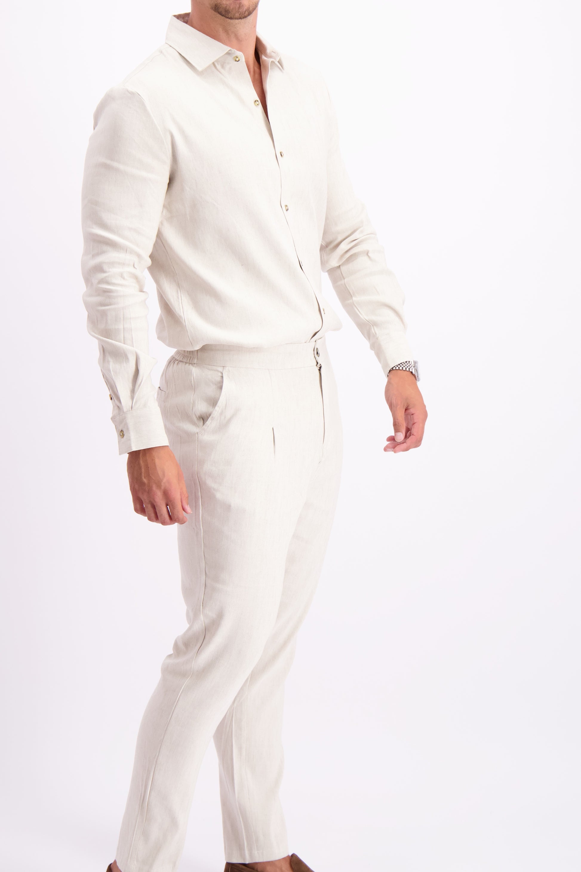 Les Brutes linen pantalon linen trouser oatmeal white linnen broek wit creme beige