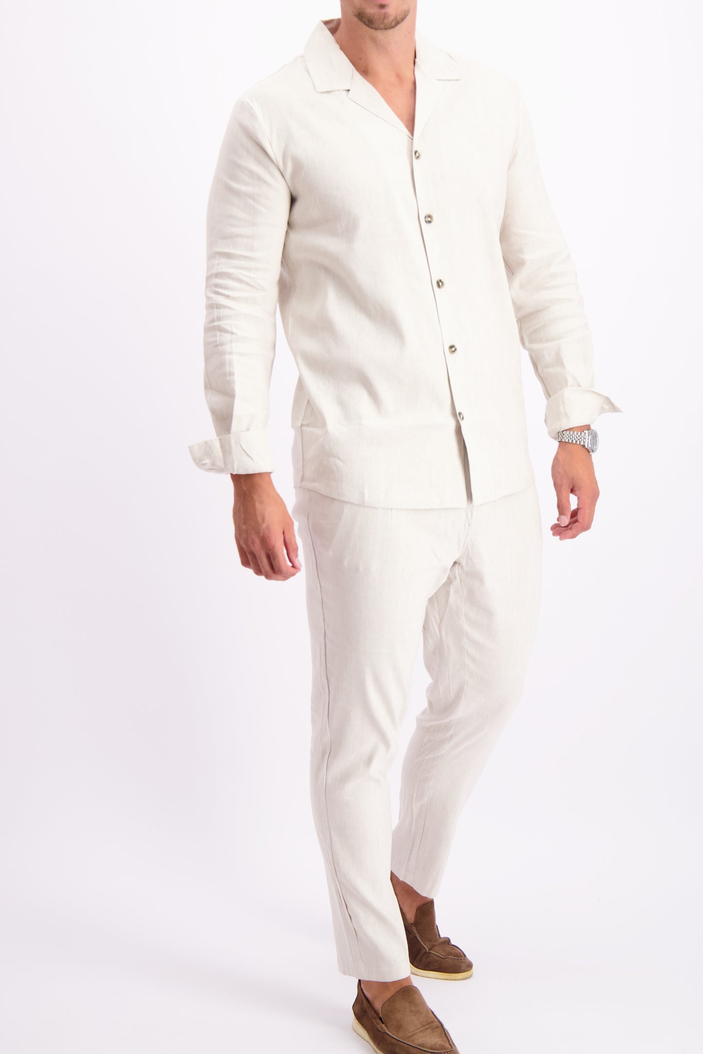Linen shirt cuban collar oatmeal white linnen overhemd wit zomer