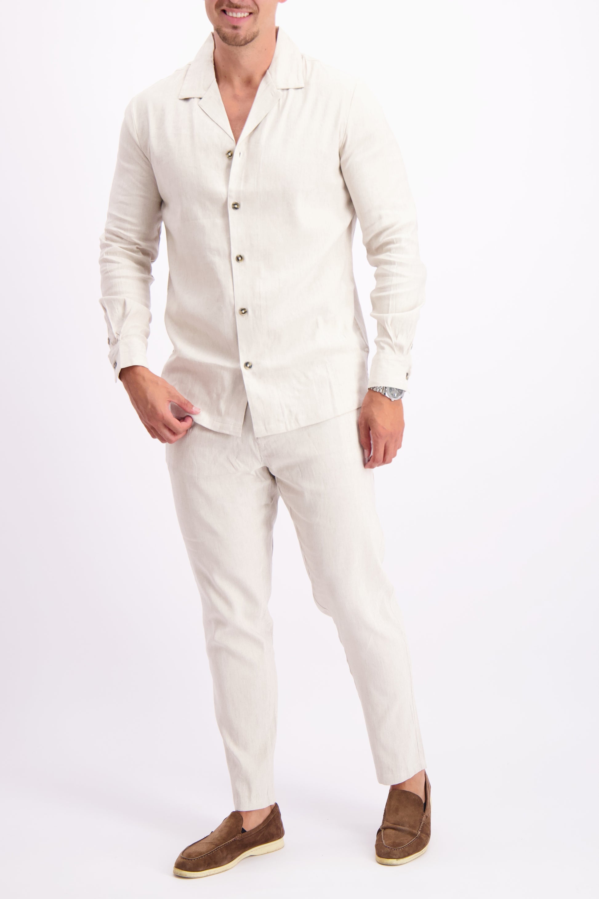 Linen shirt cuban collar oatmeal white linnen overhemd wit zomer