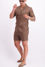Linen shirt summer short sleeve linnen overhemd korte mouw linnen setje zomer bruin 