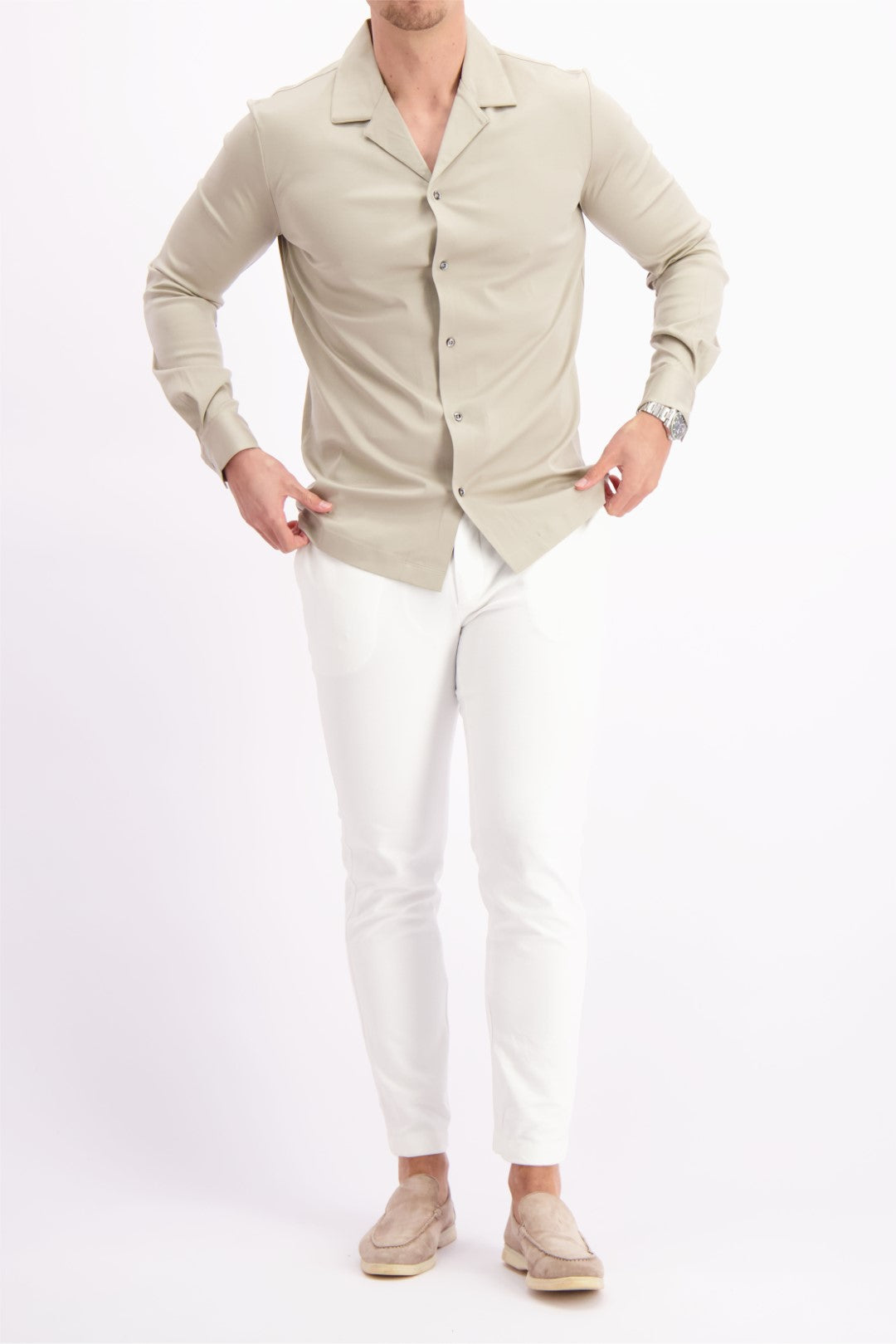Les Brutes overhemd beige shirt in creme cuban collar mercerised shirt glans overhemd