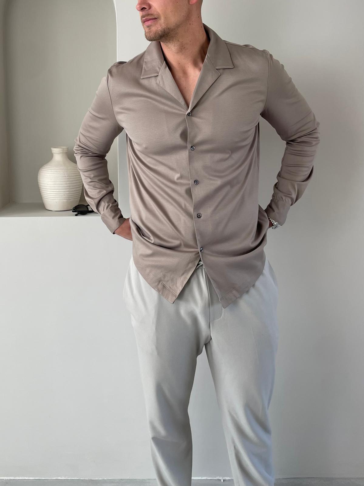 Les Brutes mercerised cuban shirt taupe glans overhemd taupe beige