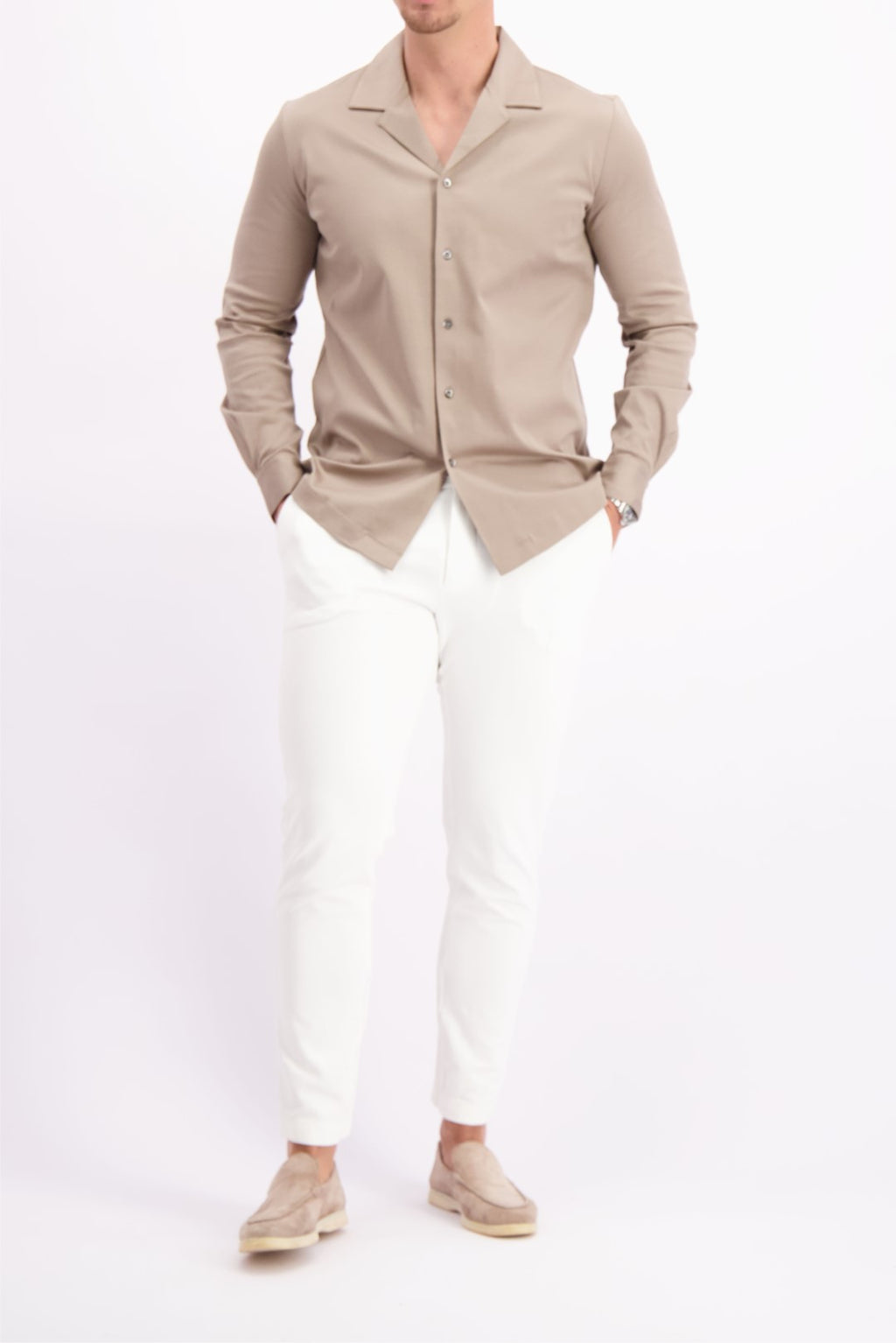 Les Brutes overhemd taupe shirt in taupe cuban collar mercerised shirt glans overhemd