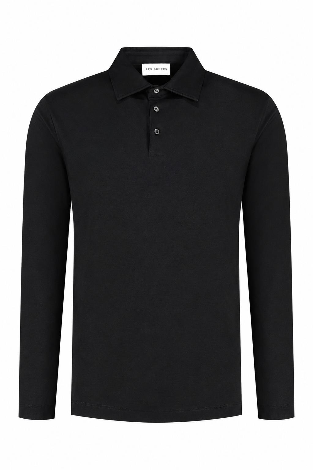 Les Brutes luxury mercerised polo long sleeve in black for men. Crafted with premium supima cotton for extra comfort and sustainability