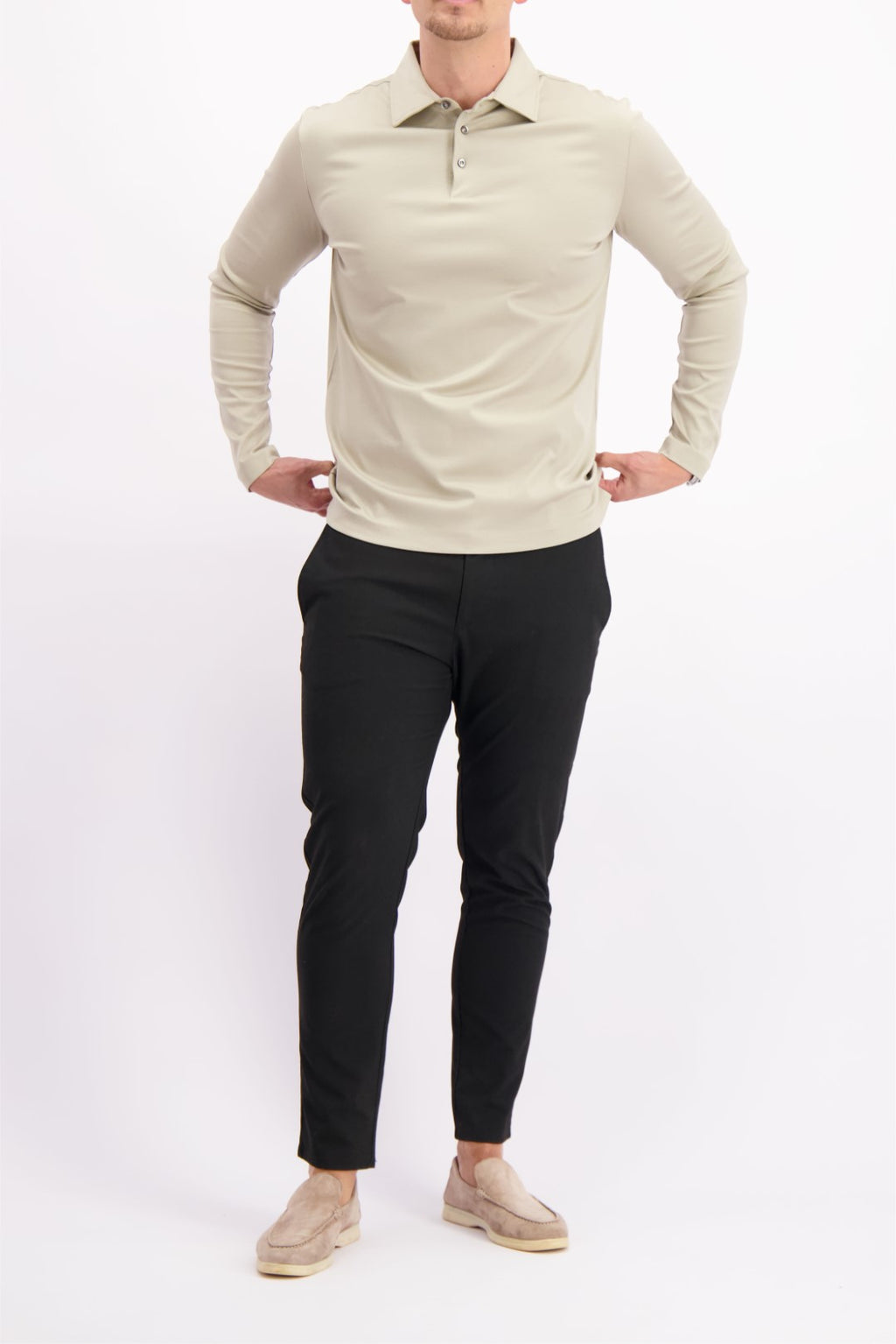 Les Brutes polo longsleeve beige mercerised polo lange mouw beige creme mercerised