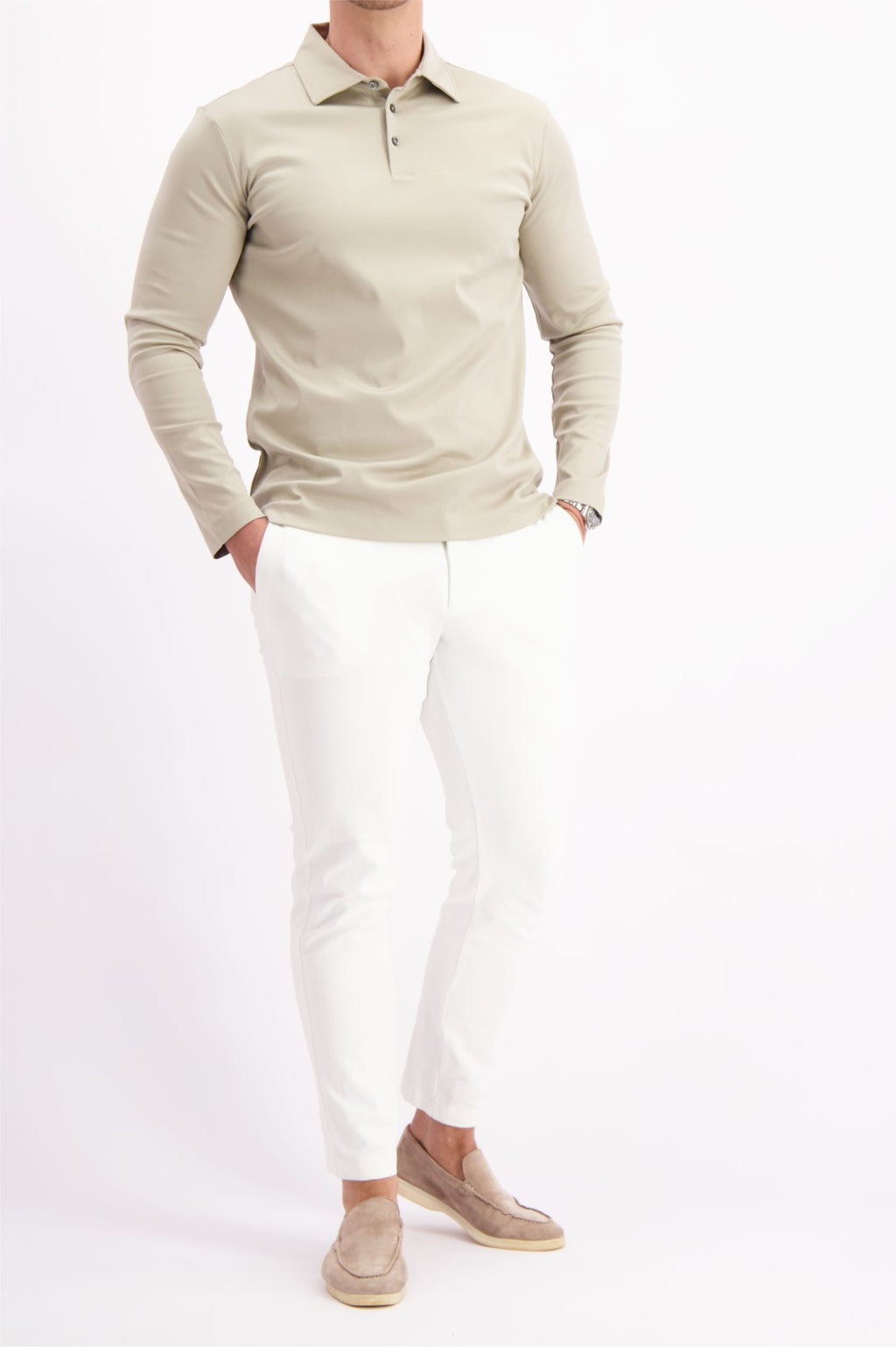 Les Brutes polo longsleeve beige mercerised polo lange mouw beige creme mercerised