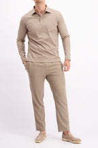 Les Brutes polo longsleeve taupe mercerised polo lange mouw taupe beige creme 