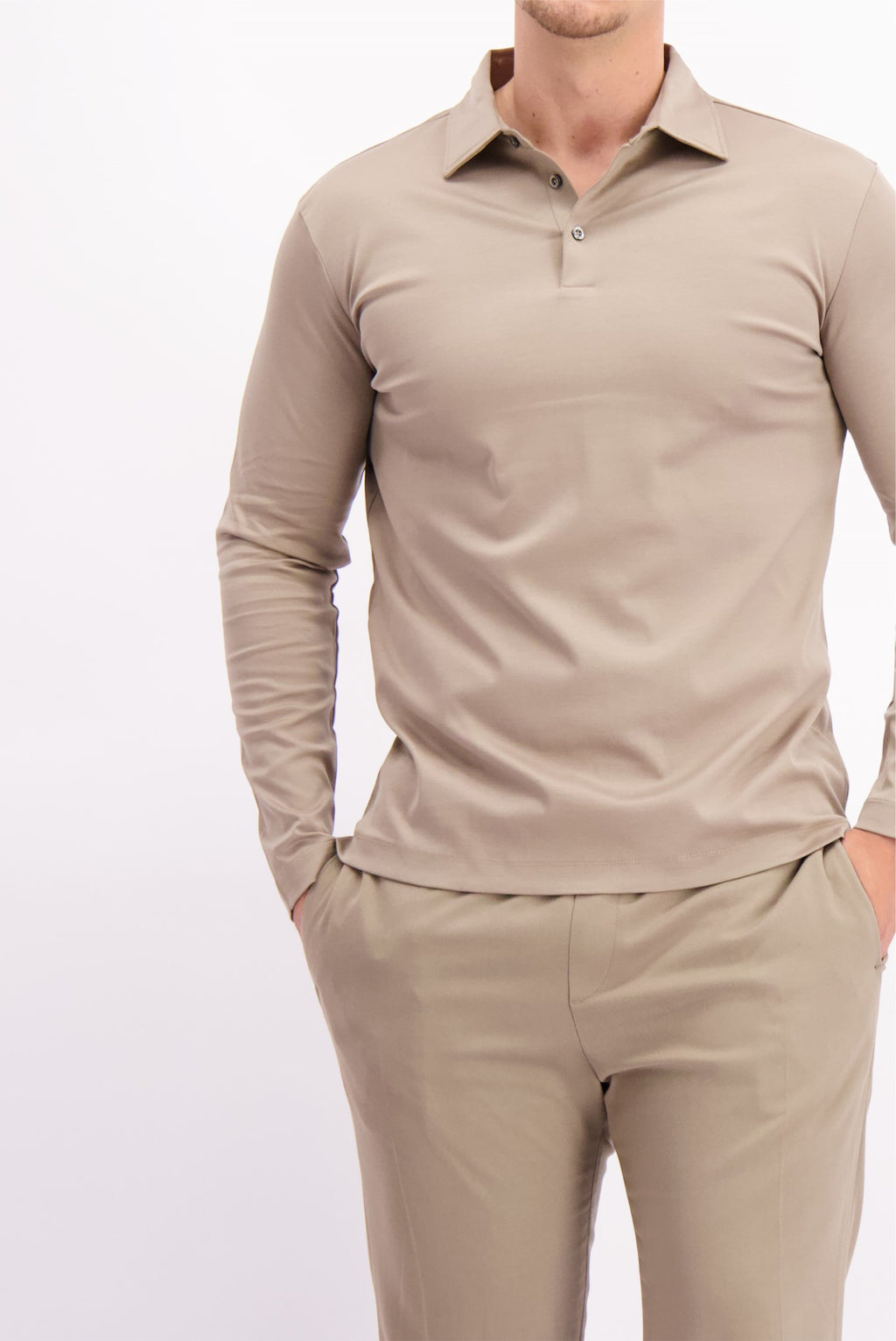 Les Brutes polo longsleeve taupe mercerised polo lange mouw taupe beige creme 