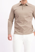 Les Brutes polo longsleeve taupe mercerised polo lange mouw taupe beige creme 