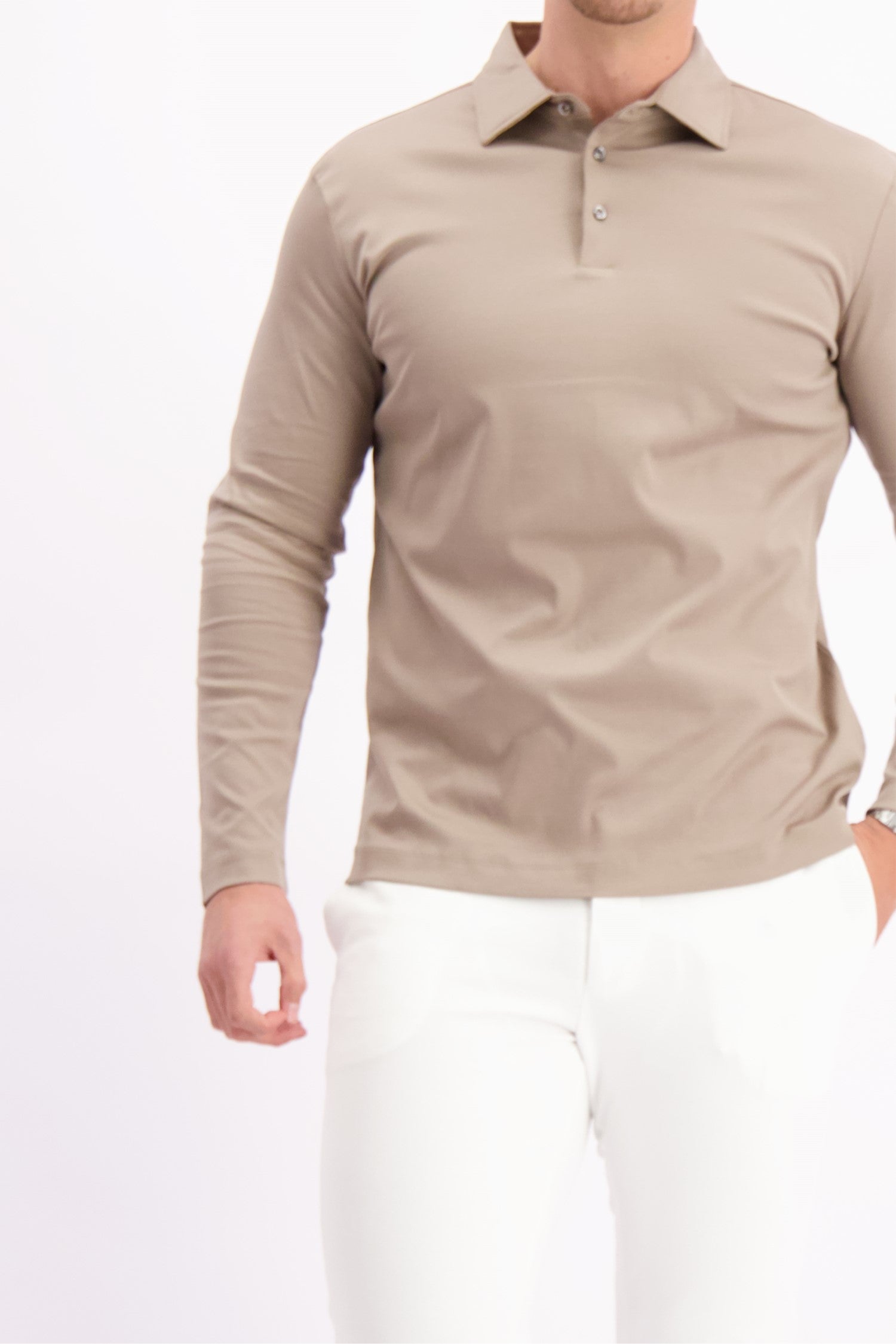 Les Brutes polo longsleeve taupe mercerised polo lange mouw taupe beige creme 