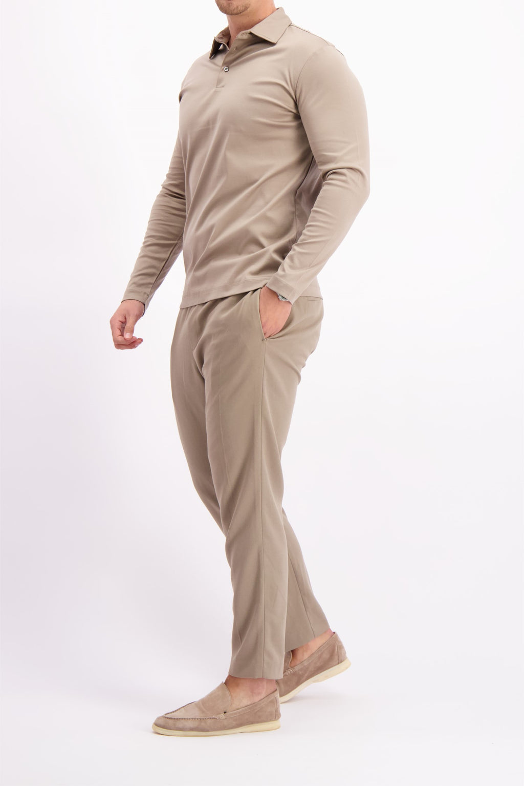 Les Brutes polo longsleeve taupe mercerised polo lange mouw taupe beige creme 