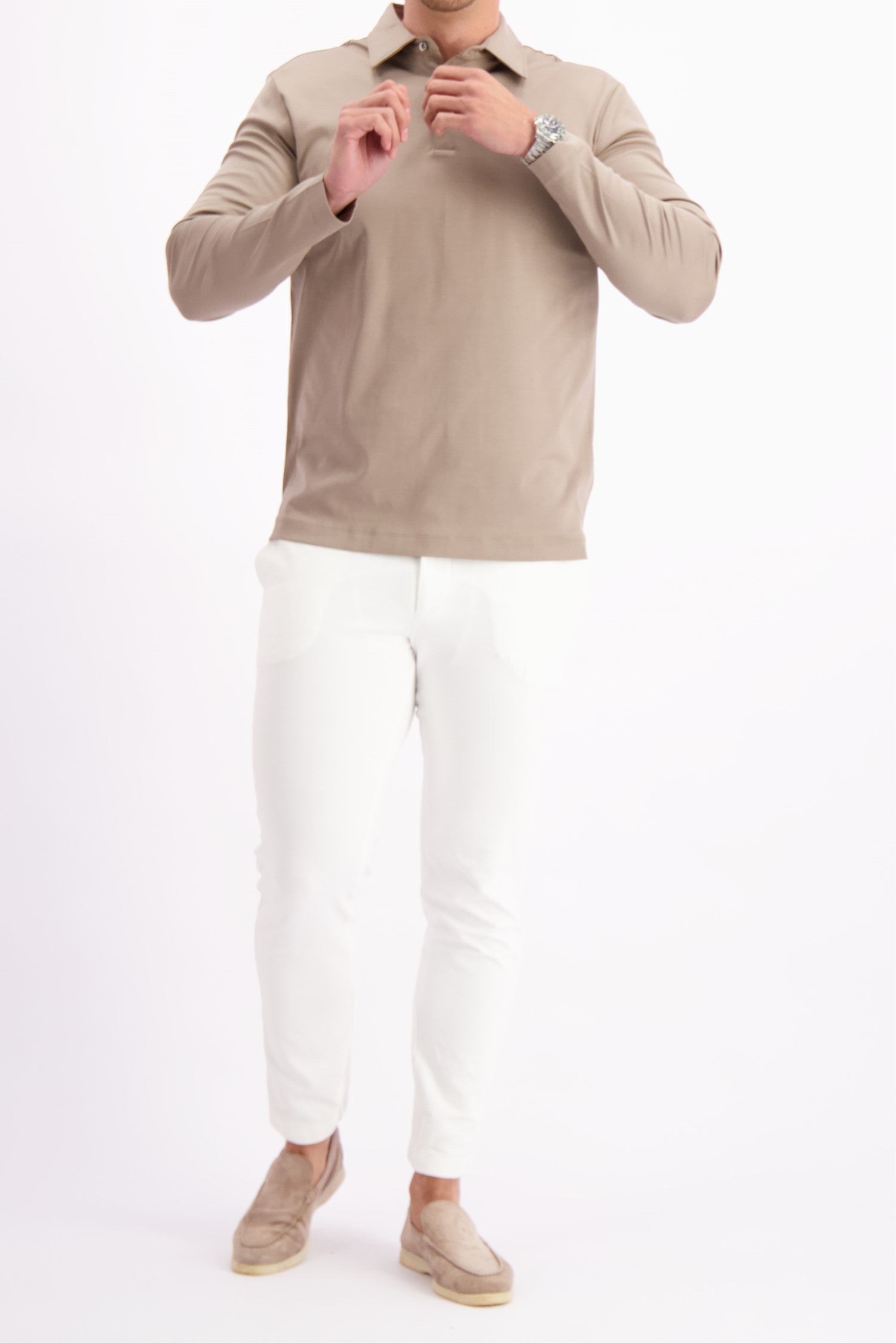 Les Brutes polo longsleeve taupe mercerised polo lange mouw taupe beige creme 