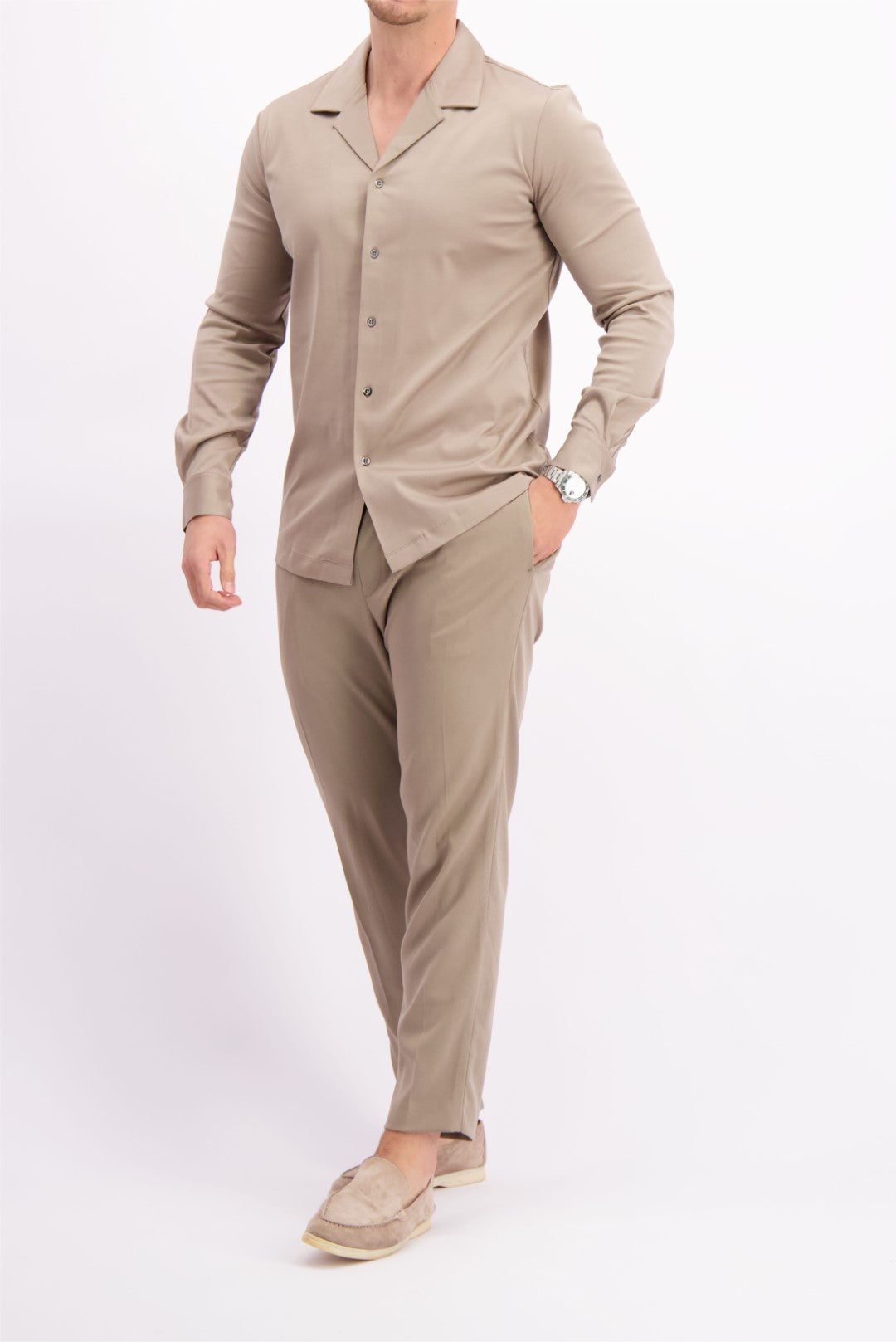 Les Brutes overhemd taupe shirt in taupe cuban collar mercerised shirt glans overhemd