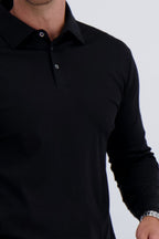 Detail of premium polo long sleeve mercerised cotton in black