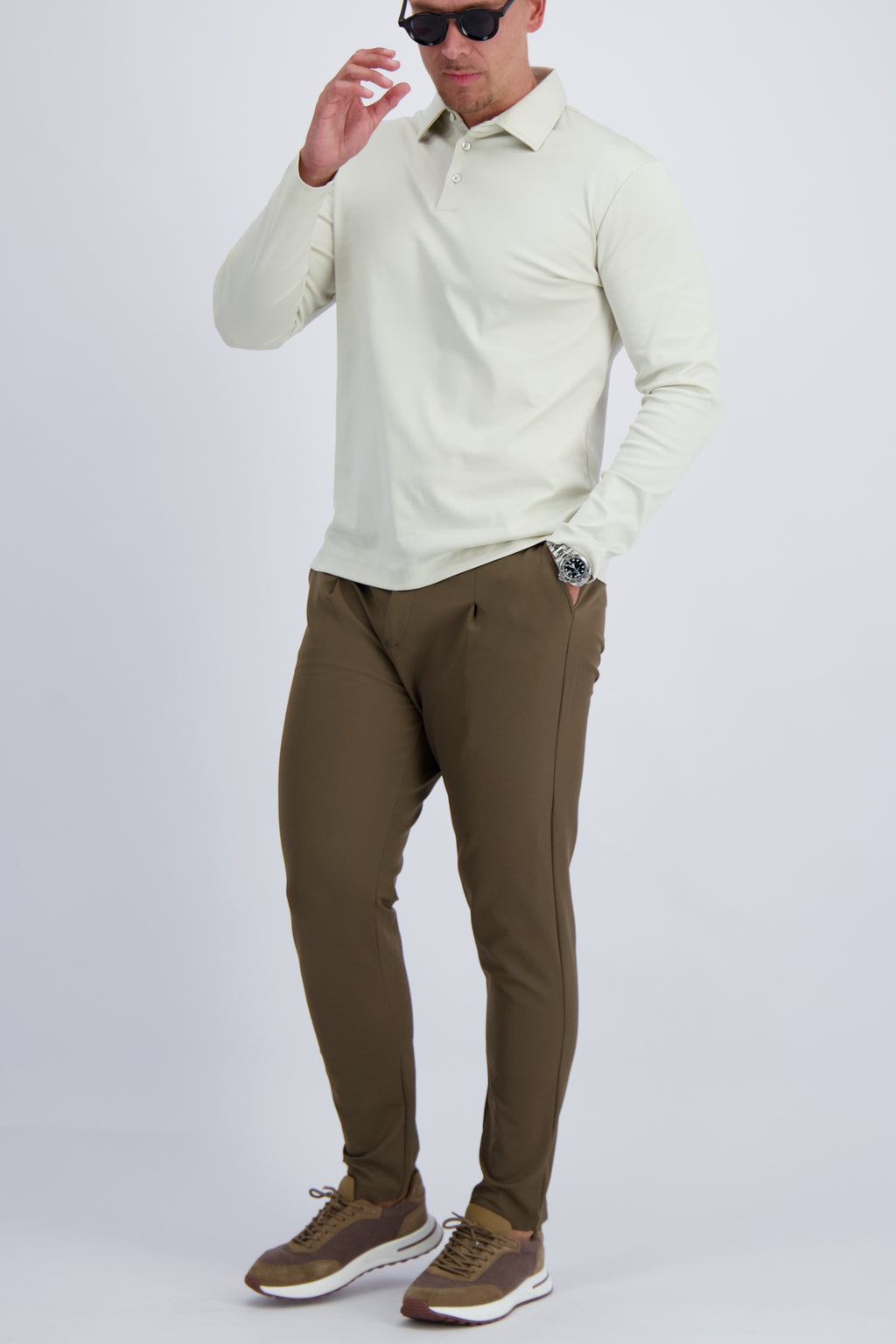 Les Brutes double mercerised cotton polo in long sleeve in color pearl white. Luxury polo and premium quality